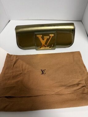Louis Vuitton Metallic Olive Green Clutch with Gold LV Plaque